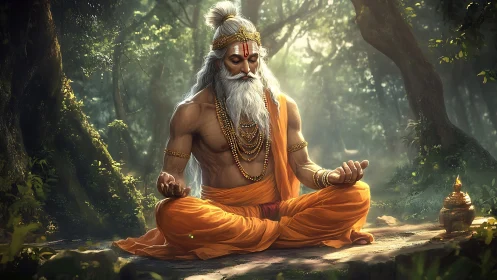 Forest sage in golden robes resting in deep sunrise meditation.