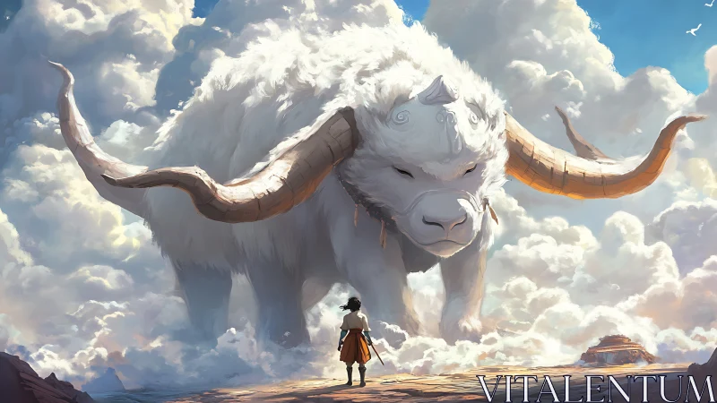 Skyborne titan buffalo meets lone wanderer above clouds.
