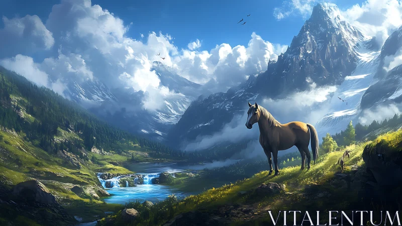 Gentle horse pausing beside a bright alpine river valley.