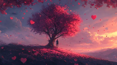 Solitary Figure Beneath Heart-Filled Tree at Sunset.