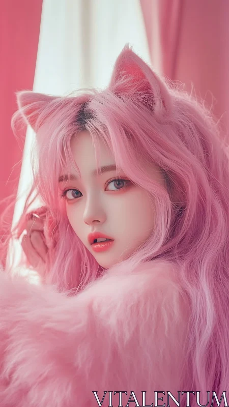 Anime portrait with pink catgirl styling and soft-focus lighting.