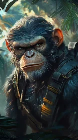 Armored warrior ape stares ahead in a sunlit jungle