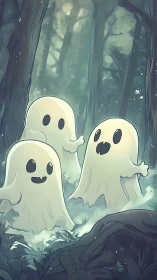 Cute cartoon ghosts gather playfully in a misty forest.