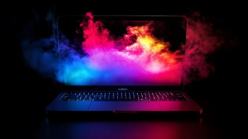 Spectral chromatic plumes emerging from an illuminated laptop display.