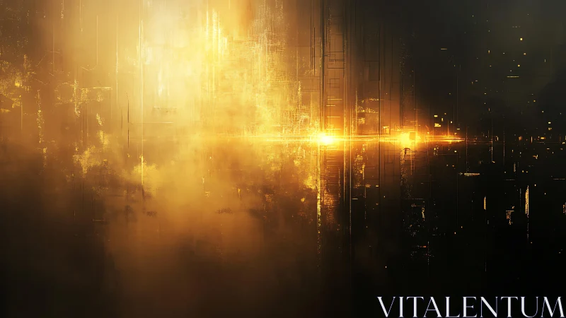 Futuristic golden cityscape with glowing digital effects, abstract art.