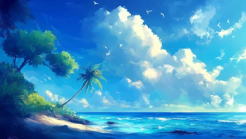 Tropical Coastal Paradise: Digital Landscape with Azure Ocean.