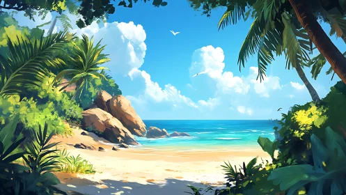 Tropical beach cove framed by lush vegetation and rocky outcrops.