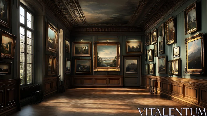 High-fidelity digital gallery interior with framed landscapes.