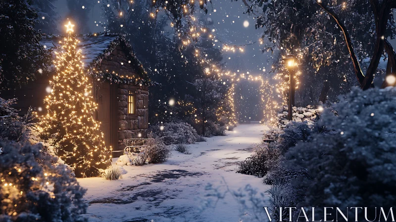 Snowy cottage path with illuminated Christmas tree at night.