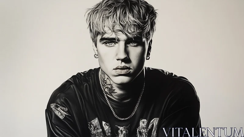 Brooding young man in monochrome digital portrait.