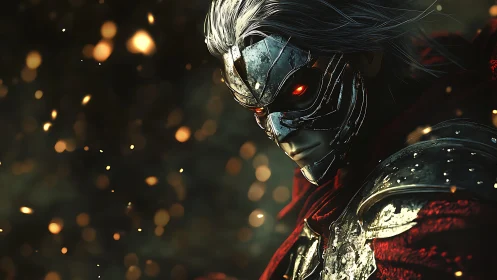 Ember-eyed metal warlock stalks through drifting sparks of dusk.