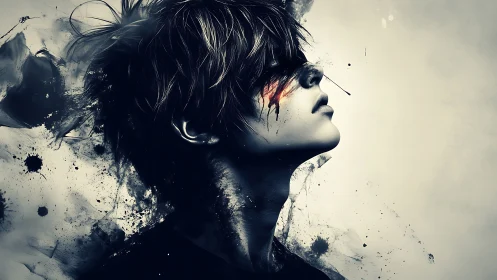Dark portrait of a youth with abstract ink and red streaks.