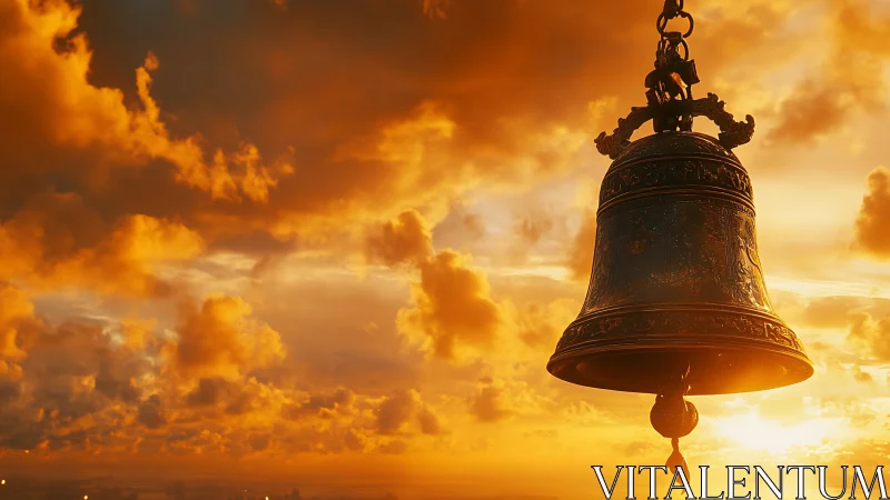 Large bronze bell hangs against dense orange sunset clouds