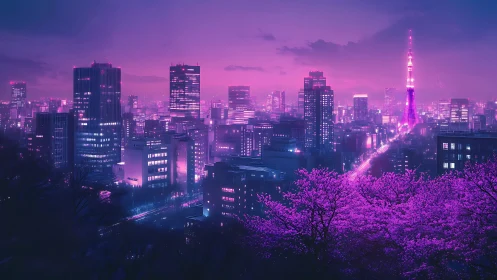 Urban skyline with tower and neon-lit cherry blossoms at dusk.