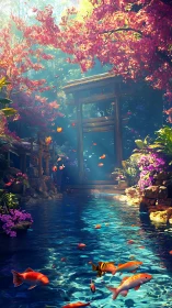 Koi pond beneath sakura canopy and rustic torii gate.