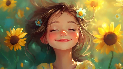 Sunlit girl smiles peacefully amid glowing summer sunflowers
