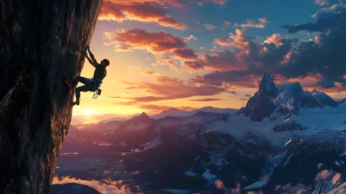 Sunlit climber ascends sheer cliff above glowing alpine peaks.