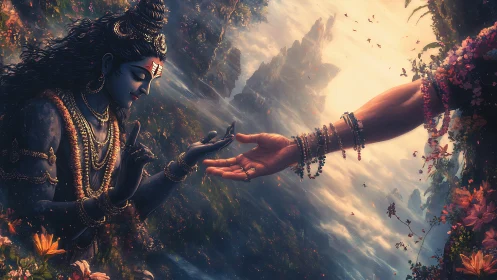 Divine exchange rendered in high detail within misted valley depth