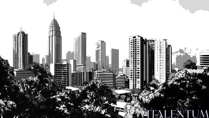Black and white city skyline illustration with dense trees