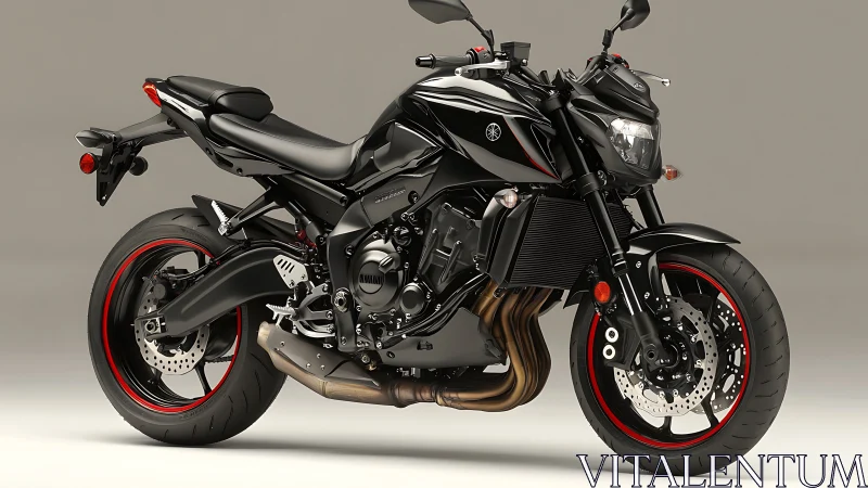 Black naked sport motorcycle on neutral studio backdrop.