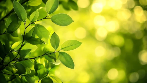 Sunlit green leaves form soft bokeh forest background