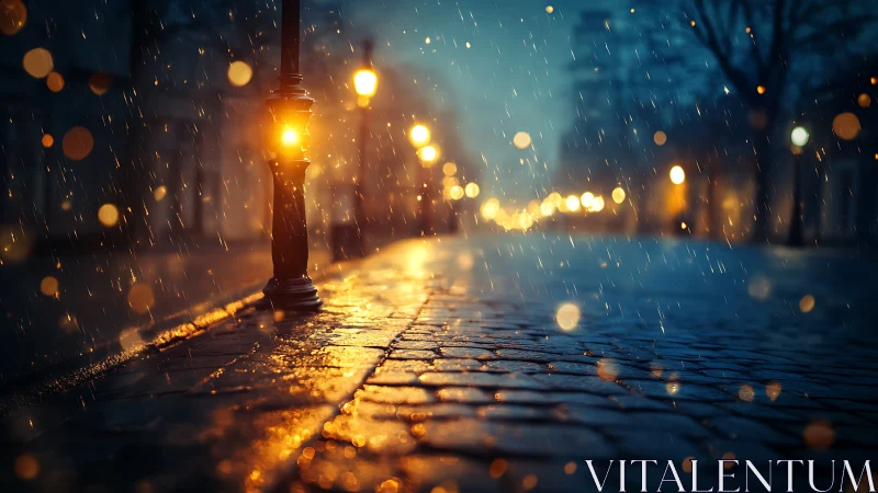 Rainlit cobblestones cradle a lone glowing streetlamp dream.