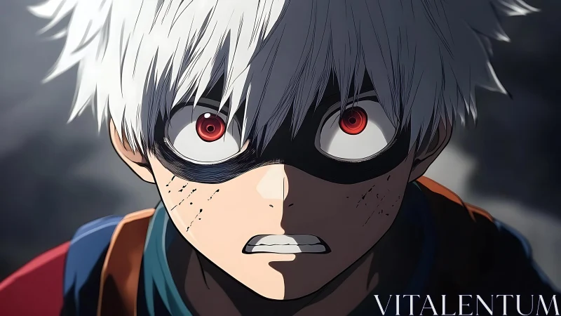 Intense white‑haired masked boy with red irises in close focus
