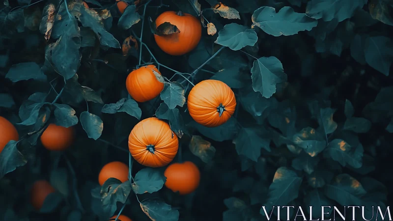 Moody orange pumpkins against deep teal foliage at dusk.