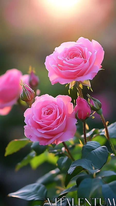Pink Roses Unfold in Golden Hour Splendor with Luminous Petals.
