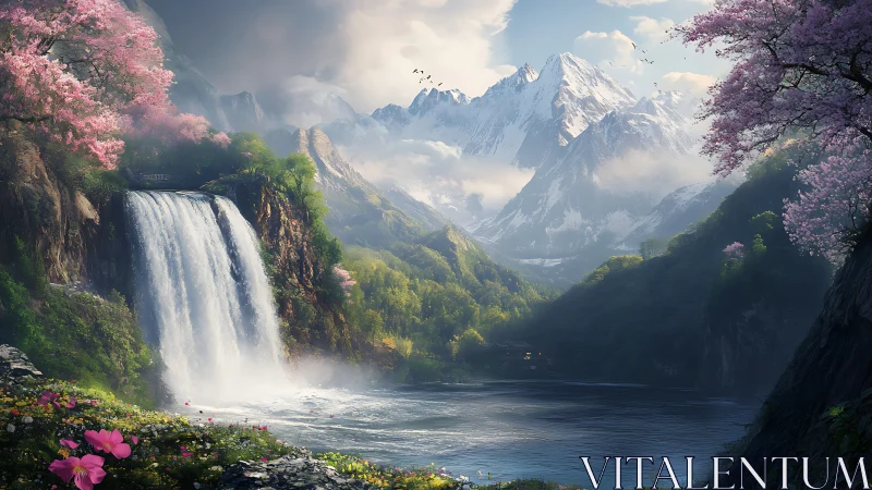 Snow-capped mountains rise above serene waterfall valley.
