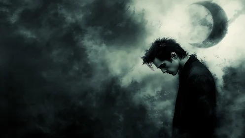 Solitary male figure stands in profile under obscured crescent moon