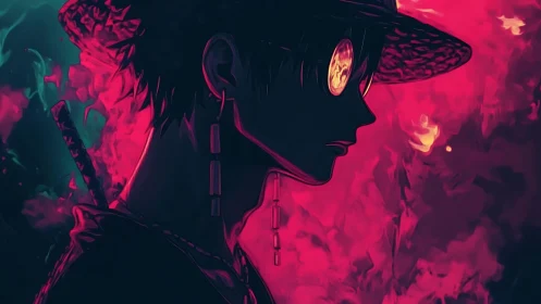 Samurai silhouette in neon magenta inferno with glowing eyes.