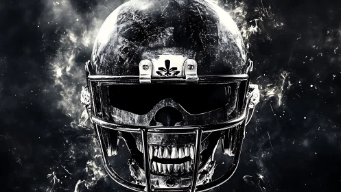 Skull-faced gridiron visor burns through cosmic battle smoke.