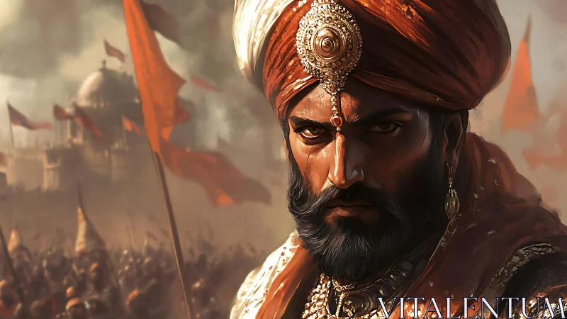 Smoldering-eyed warrior king measures the chaos of war