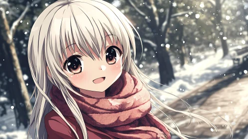 Anime winter portrait with soft-focus snowy forest backdrop.