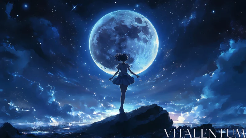 Moonlit dreamer balances on the edge of a sky-blue world
