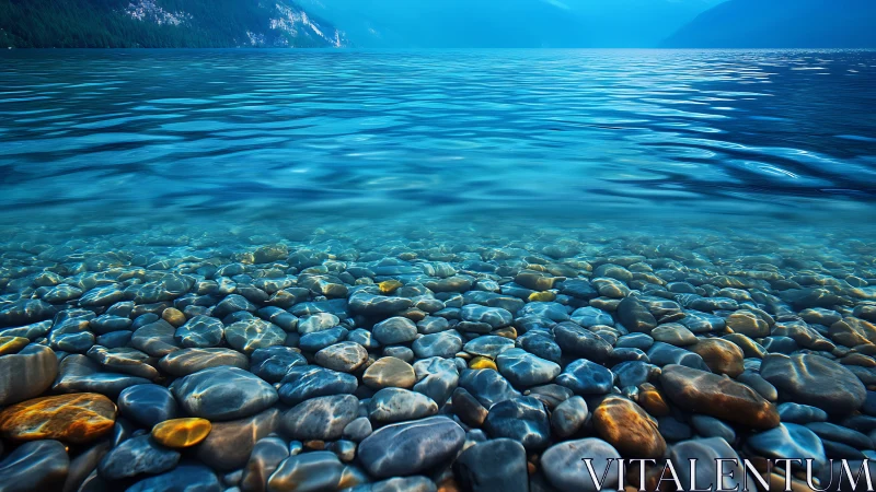 Sunlit lake stones glimmering beneath calm blue waters.