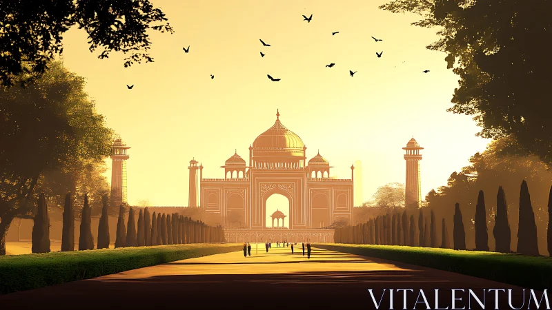 Sunlit domed gateway stands at end of symmetrical walkway