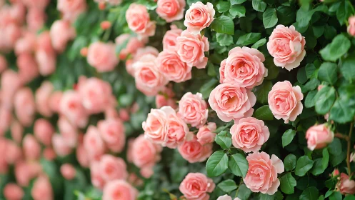 Abundant garden display showcases salmon pink roses in full bloom.