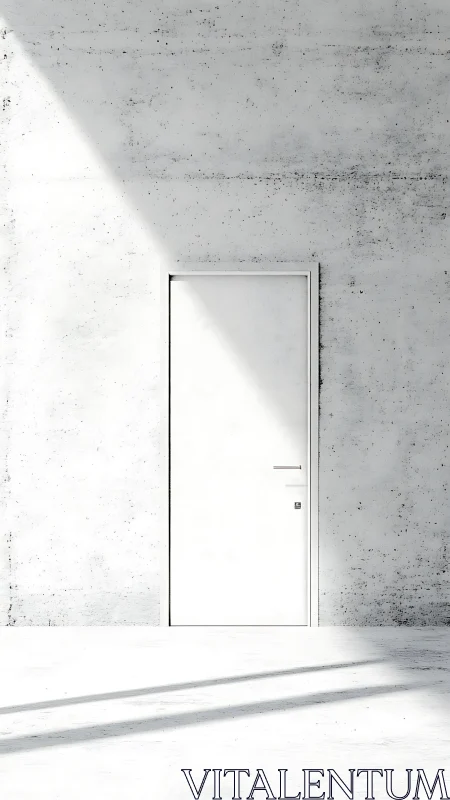 Closed white door set in flat concrete wall under angled light