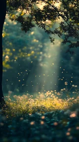 Sunlit woodland clearing captures drifting pollen in bokeh