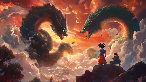 Twin sky serpents curl over sunset adventurers on cliffs