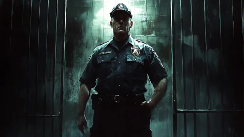 Guard stands in harsh light between imposing prison doors.