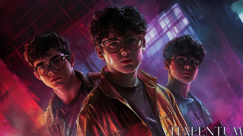Teen trio in neon-lit alley rendered with cinematic lighting.