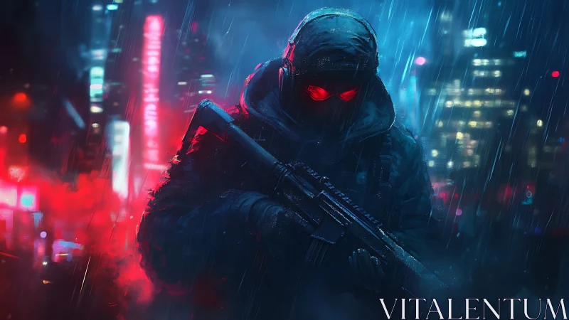 Armed figure stalks neon city street under heavy rain