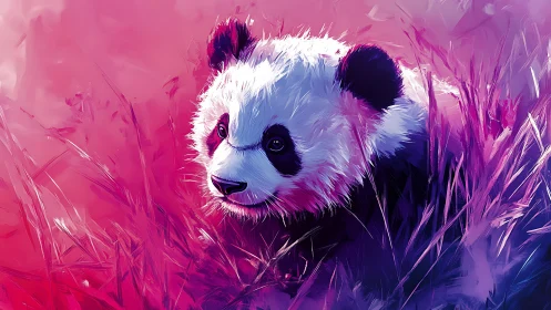 Neon gradient digital panda in stylized chromatic grass field