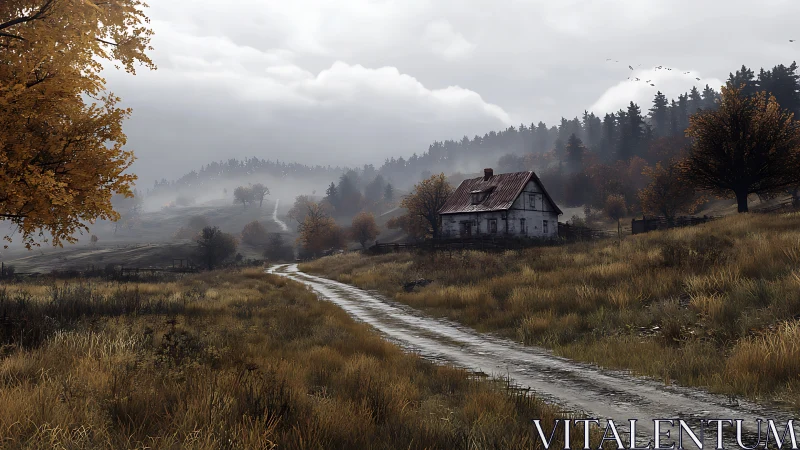 Autumnal rural track with fog-layered conifer ridge backdrop.