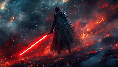 Dark warrior ignites blazing red energy blade amid chaos.