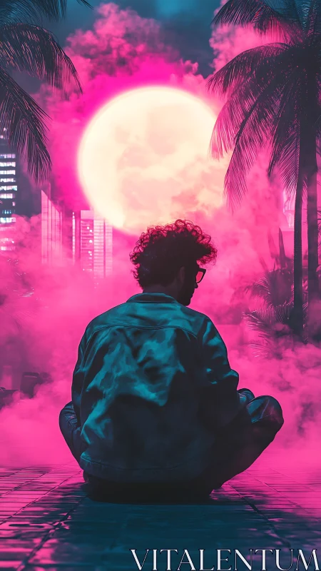 Neon moonlit cityscape with seated silhouette in vaporwave glow.