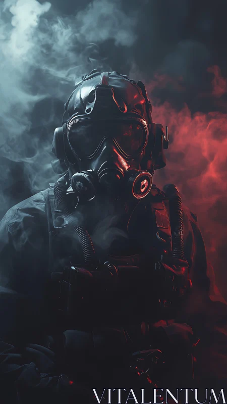 Masked tactical soldier emerges through red and blue smoke